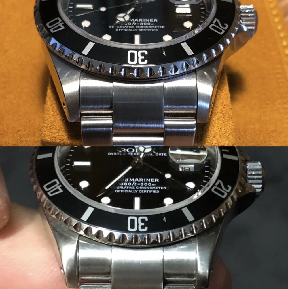 Vorher und nachher: Gehäuse und Armband einer Sportuhr